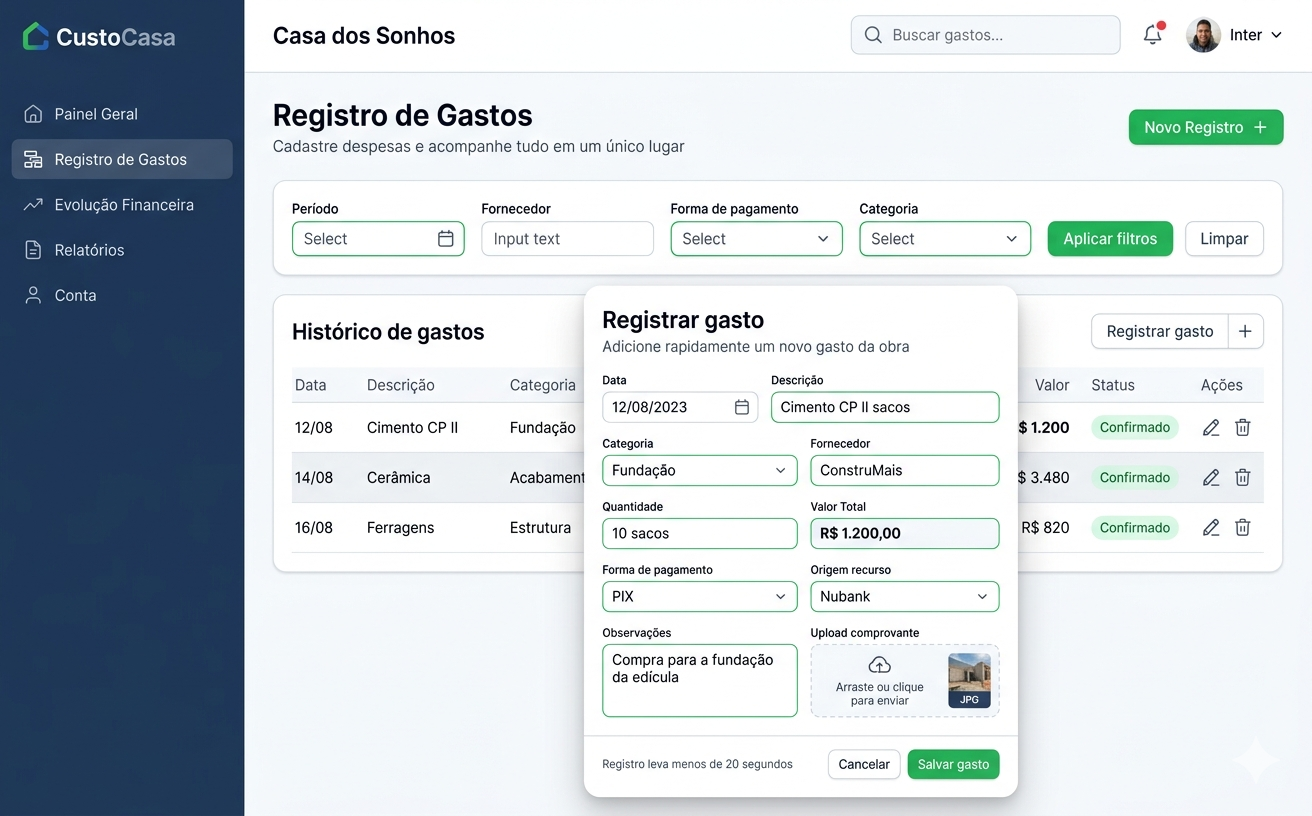 Tela de registro de gastos por categoria no CustoCasa