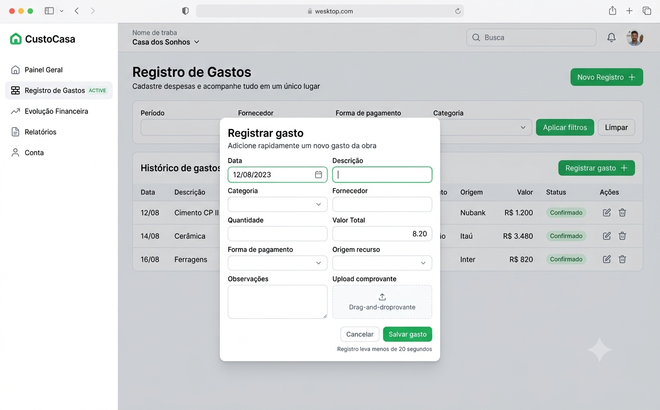 Tela de registro de gasto
